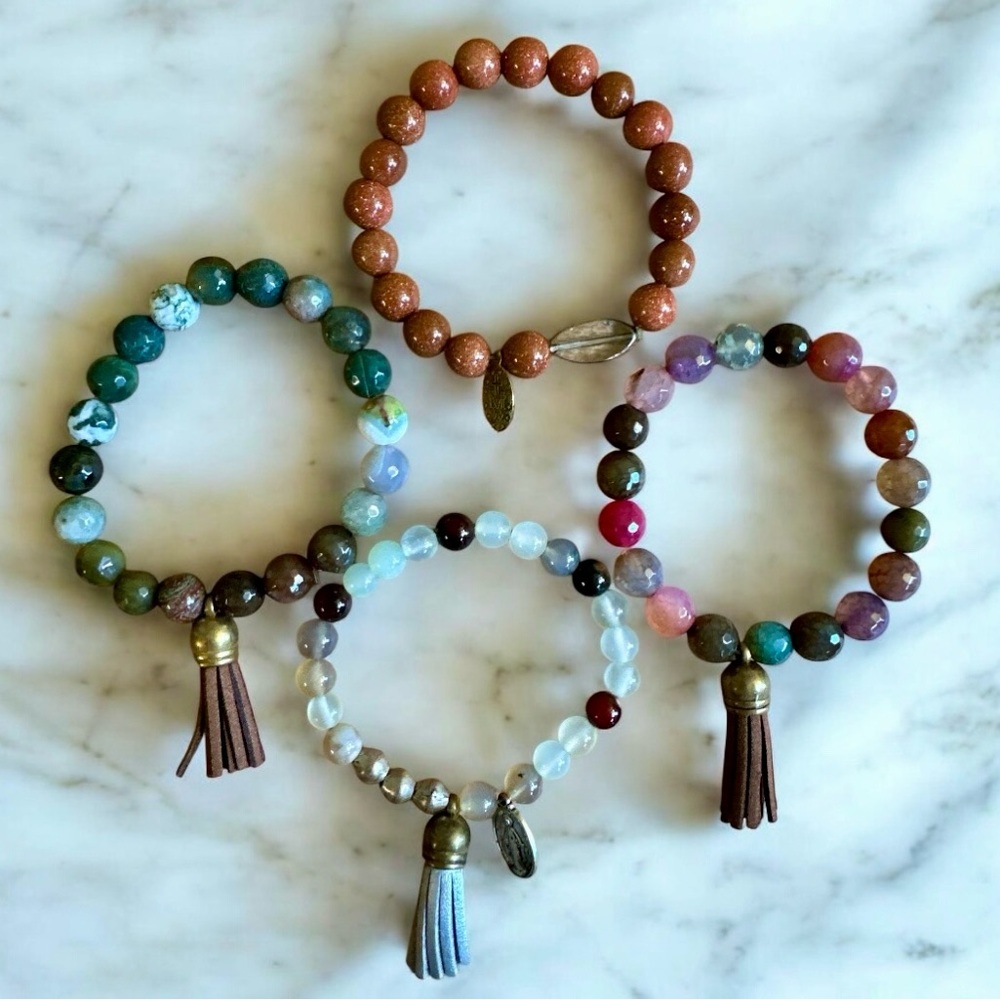 Multicolored Beaded, Elastic Bracelet Set of 4 with Tassels & Charms - New